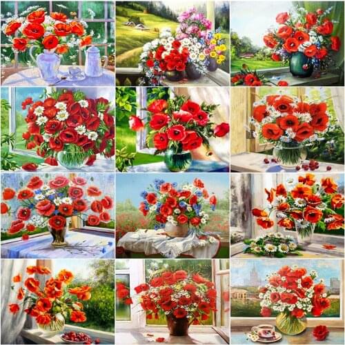 YI Bright Painting By Colors Flower In Vase Kits For Adults Handpainted DIY Painting Number Poppy Window Home Decoration