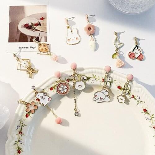 Fashion Japan style rabbit flower earrings for women cute animal asymmetry sweet drop ears elegant female jewelry accessories