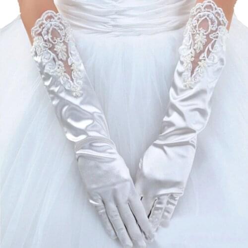 Long Full Finger Satin Bridal Wedding Gloves Elbow Length Lace Appliqued Woman Bride Party Gifts Accessories For Cosplay Prom