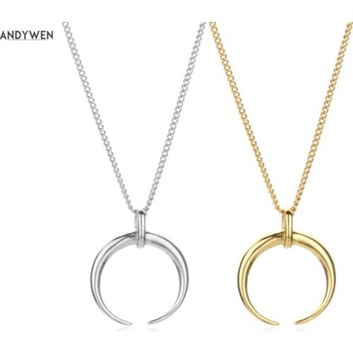 ANDYWEN 925 Sterling Silve Big Moon Pendant Sunflowe Face Necklace Women Gold Long Chain Jewelry 2020 Rock Punk Jewels Gift