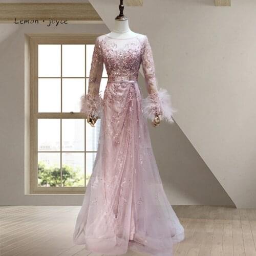 Lemon joyce Luxury Evening Dresses Long Sleeve Beading Feathers See-through Dubai Evening Dress Plus Size