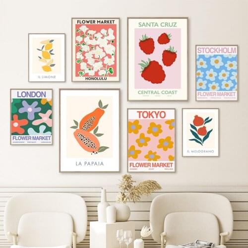 Strawberry Lemon Fruit Flower Market Leaf Abstract Canvas Painting Poster Nordic Modern Wall Art Pictures Living Room Home Decor