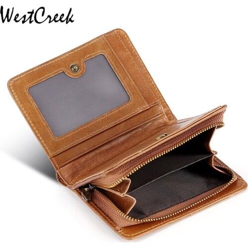 WESTCREEK Brand RFID Blocking Genuine Leather Men Short Wallets Vintage Oil Wax Leather Men Coin Zipper Pocket Purse