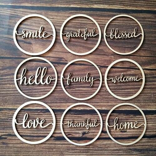 Wooden Smile Hello Welcome Blessed Love Grateful Thankful Home Family Word Sign Round Circle Wood Cursive Word Room Decors