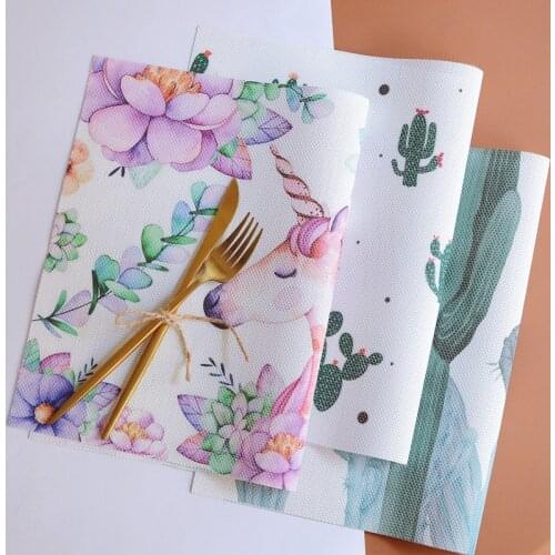Unicorn Marble Cactus Pineapples Eucalyptus Leaf PVC Mat Pad Placemat for Dining Table Protection Table Accessories