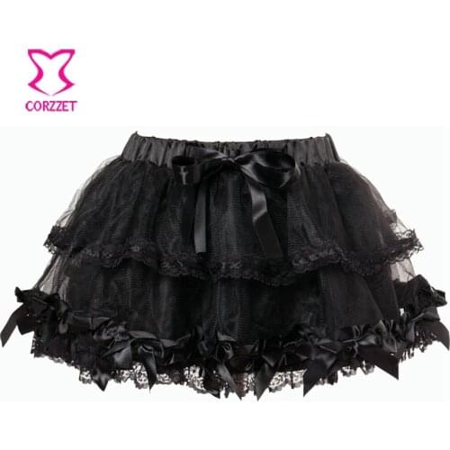 Elastic Gothic Lace Tutu Skirt Women Black Mesh Satin Bows Detail Petticoat Sexy Mini Tulle Skirts Party Club Wear Slip Dancer