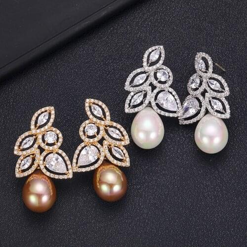 JANKELLE Elegant leaf shape with pearl AAA Cubic Zirconia Crystal Bridal Earrings Luxury Wedding Jewelry for Brides