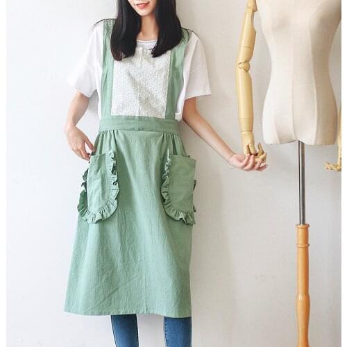 Women Cotton Linen Cross Back Apron Japanese Housework Baking Wrap with Pocket Florist Dress Solid Color Garden Kichen Apron