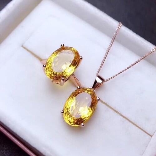 Bright yellow citrine gemstone jewelry set including ring necklace 925 sterling silver big size birthday party gift ornament