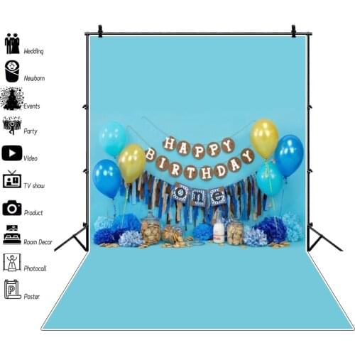 Laeacco Blue Wall Happy 1st Birthday Party Balloons Flower Gift Baby Portrait Photo Background Photography Backdrop Photo Studio