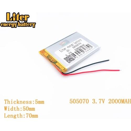 Liter energy battery 3.7V 2000mAh 505070 plug Lithium Polymer Rechargeable Battery For MP3 MP4 MP5 Lithium polymer battery