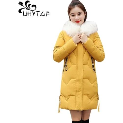 UHYTGF Fashion fur collar winter coat women casual warm down jacket parka women long sleeve hooded slim plus size outerwear 1270