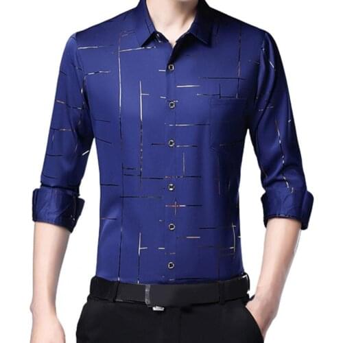 Fashion Men Dress Shirt Irregular Stripes Satin Surface Casual Single-breasted Turndown Collar Long Sleeve Shirt for Business