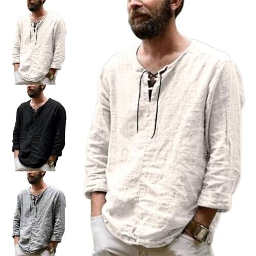Men Casual T shirt Summer Breathable Solid Color Loose Male T-shirt Front Lace Up Top V Neck Long Sleeve Thin Pullover T Shirts