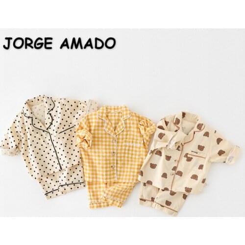 2021 New Spring Baby Pajamas Sets Cartoon Carrot Bear Dot Plaid Girls Boys Home Suits Sleep Swear Kids Clothes E1048