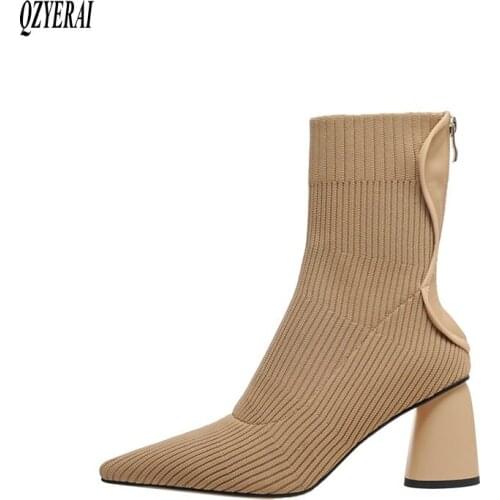 New winter knitting Women boots pointed Chelsea Socks woman boots stretch fashion warm 7cm High heels Women shoes Size 34-43