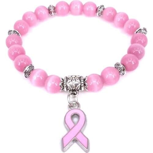 New Breast Cancer Awareness Pink Ribbon Charm Bracelet 5 Color Cat Eye Opal 8mm Beads Bracelets & Bangle