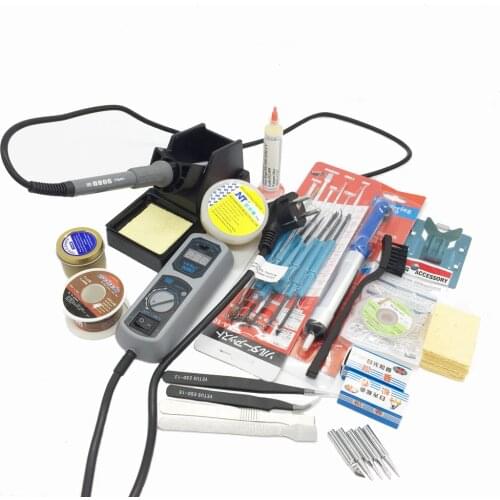 Original 220V/110V YIHUA 908D Soldering Iron Temperature Adjustable Electric Welding Soldering Iron +5tips+stand+tweezers+sponge