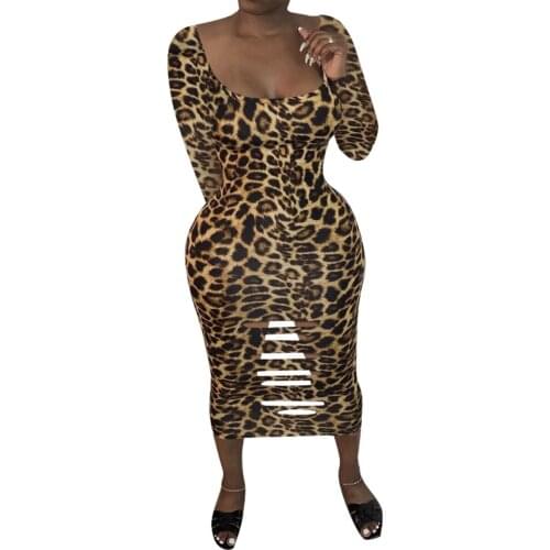 Autumn Women’s Casual Long Sleeve Dress Fashion Leopard Print Ripped Dresses Clubwear Skinny Mid-length Dress Ladies Dresses