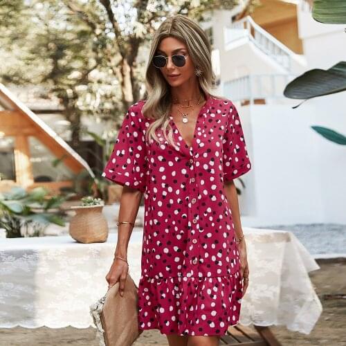 French Shirt Dress Short Sleeve Elegant 2021 Summer Loose V-Neck Polka Dot Mini Skirt Red Office Lady Button Clothes Women