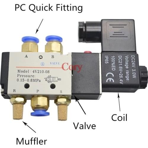 1PC Pneumatic Electric Solenoid Valve 5 Way 2 Position Control Air Gas Magnetic 12/24/220V Coil 4mm-12mm Hose Fittings Muffler