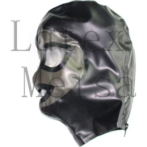 Transparent black Latex hoods open eyes and mouth for adults with back zipper