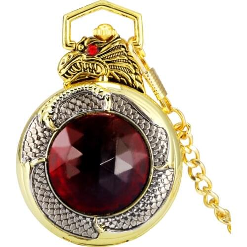 Ruby Golden Dragon Cover Luxurious Pocket Watch Gift Lady Black Arabic Numerals Quartz Dial Pendant Thick Chain Man Small Clock