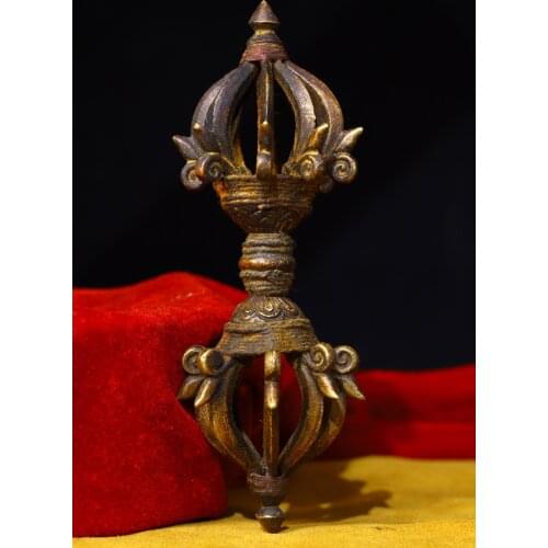 Home Decor 7"Tibet Buddhism Temple Old Bronze 9-strand vajra Dorje Vajra Phurba Dagger Holder Exorcism Ward off evil spirits
