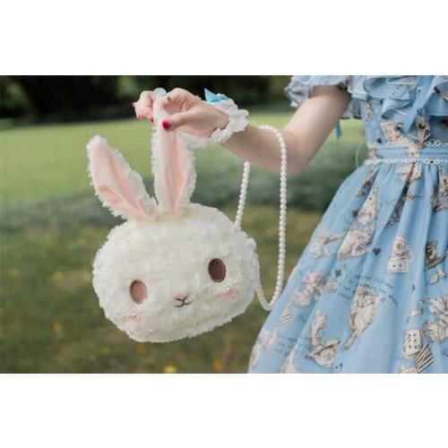 Cute Lolita Girl Sweet White Rabbit Bunny Plush Hangbag Shoulder Bag Small Purse Bag Pearl Strap Little Bag