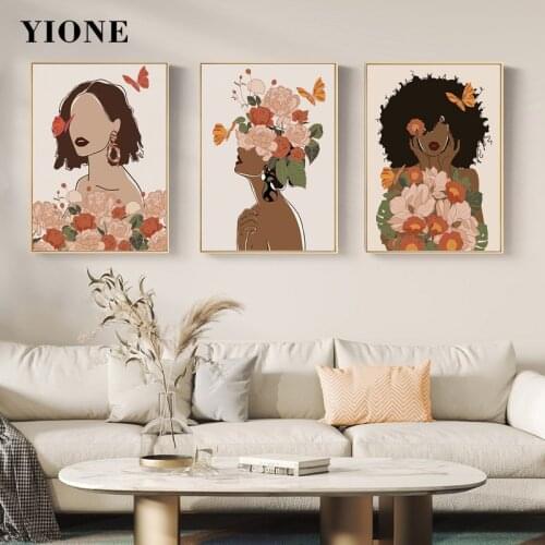 Nordic Art Woman with Flowers Butterfly Painting Nude African Girl Canvas Poster Prints Wall Pictures for Living Room Bedroom