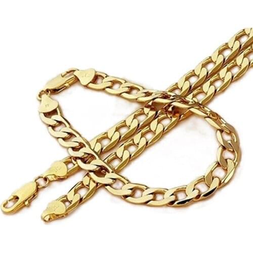 Yellow Gold Filled Mens or Womens Necklace Bracelet Curb Cuban Chain Jewelry Set 8mm