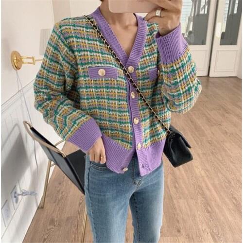 Womans Jersey 2020 Korean Casual O-Neck Hit Color Long Sleeve Oversized Short Carigans Female All Match Button Knitwear YYQX99