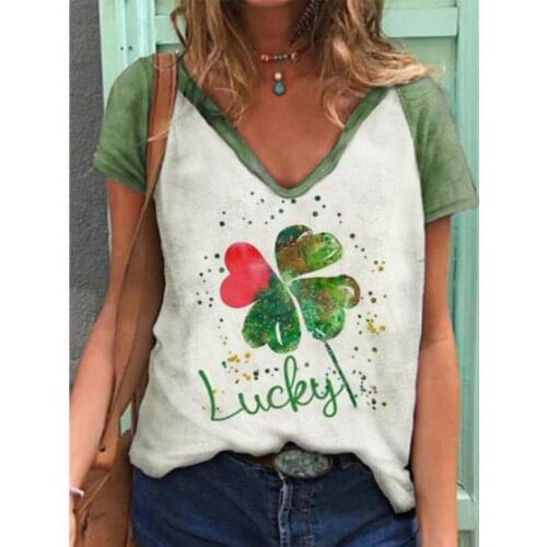 2021 Summer Lucky Four leaf Clover Print V Neck Short Sleeve Casual T-shirt Women Cartoon Cotton Blend Loose Tops