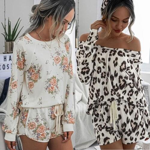 Women Leopard Print Sleepwear Set Sexy Pajamas Blouse Top Drawstring Pockets Shorts Summer Pyjama Femme Flower Pajamas