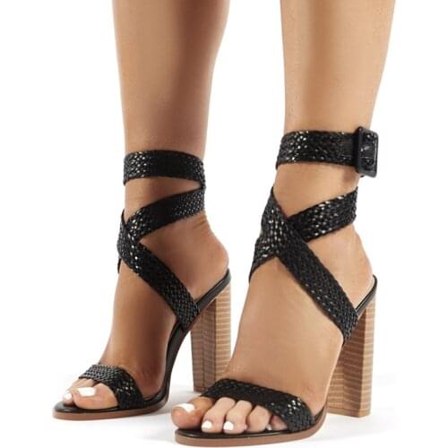 2021 New Big size 35-42 women heeled sandals braid belt ankle strap party pumps super high heels chunky square heel lady shoes