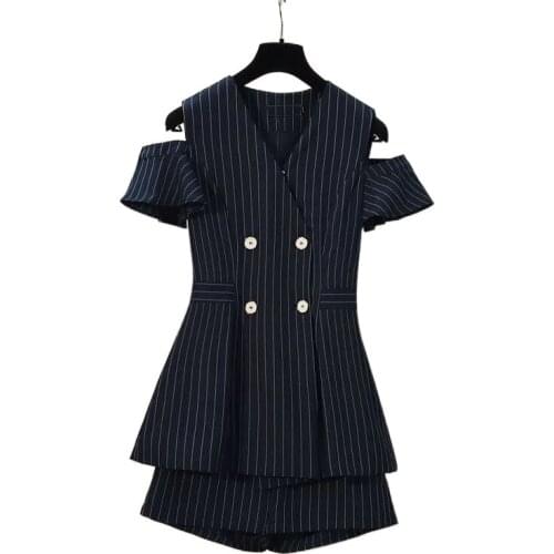 Black Striped Short Sets Women Matching Sets Plus Size Ladies Twp Pieces Shorts Suit Office Ruffles Summer Slim Black Blue Sets