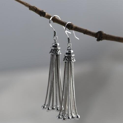 FNJ Tassel Chain Beads Earrings 925 Silver Original Pure S925 Sterling Silver Drop Earring for Women Jewelry