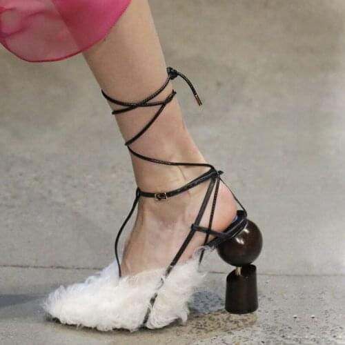 Sexy Wool Fur Strange Assembed Heels Pointy toe Pumps Back Strap Pumps Pointed toe Woman Strappy Leg Lace Up Runway Pump Shoes