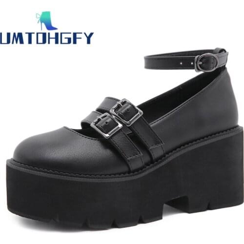 Genuel Leather Womens 7.5cm Pump Shoes Ankle Strap High Chunky Heels Platform Punk Lolita Girl Creepers Shoes Female Buckle JK43