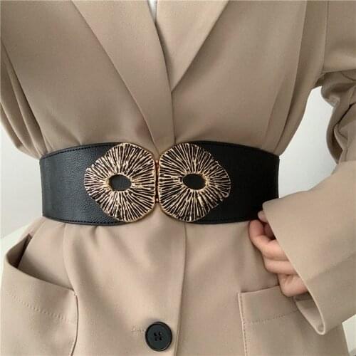 Female Weight Buckle Belt Waist Seal Lady Wide Waistbands Elastic Waistband Fashion Solid Black Faux Leather Corset Cummerbunds