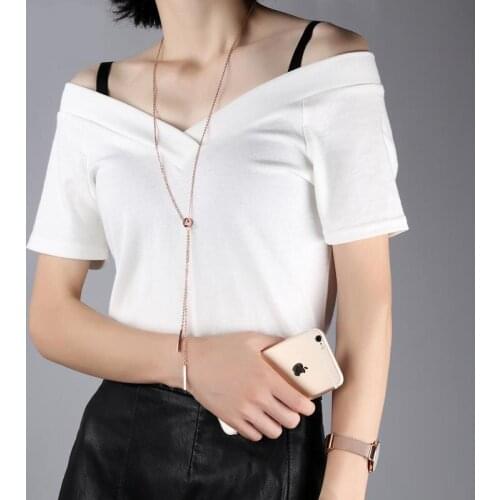 Women Fashion Cubic Zirconia Round Rose Gold Color Stainless Steel Long Sweater Necklace