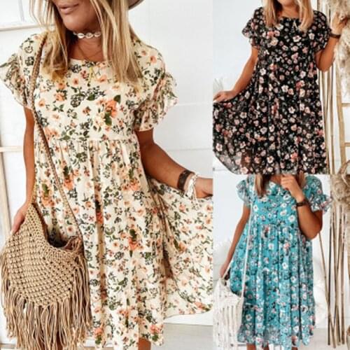 Bohemian Floral Print Dress 2021 New Casual Short Sleeve O-Neck Loose Pleated Summer Dress Chic Women Beach Mini Dress Vestidos