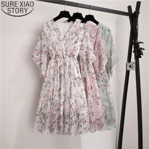Women Pink Chiffon Dress Sweet 2021 Spring Summer A-line Print V-Neck Half Ruffles Sleeve Casual Knee-length Dresses 9436 50