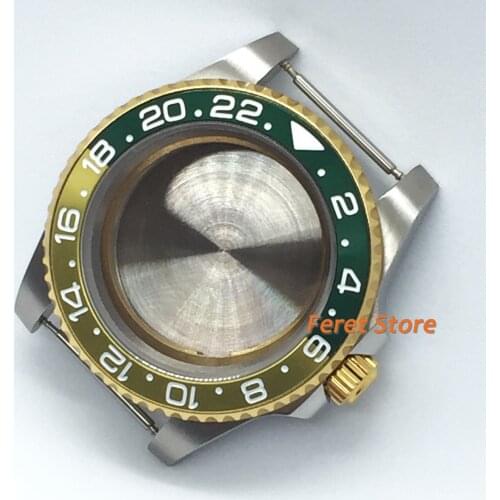 40mm gold stainless case green yellow sapphire glass watch case fit ETA 2836 miyota 8215/8205/821A Mingzhu DG2813/ 3804 movement