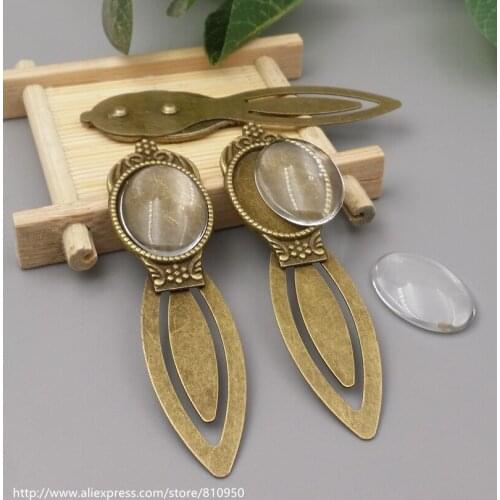 5sets/lot 22*80mm inner:18x25mm Alloy Antique Bronze Base Cameo Setting Vintage Bookmark+Clear Glass Cabochons DIY Jewelry