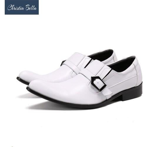 Christia Bella Fashion Wedding Party White Genuine Leather Shoes Men Buckle Pointed Toe Dress Shoes Business Men Formal Shoes