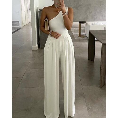 White Womens Jumpsuit Solid One Shoulder Crop Top Straight Pants Short Tops Sexy Sleeveless Elegant Red Loose Playsuits