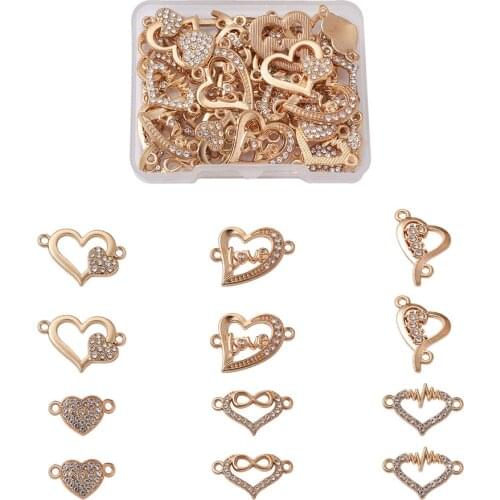 36pcs Alloy Rhinestone Heart Charm Connector Light Golden Plated Heart Spacer Beads Bracelet Link Findings for Jewelry Maaking
