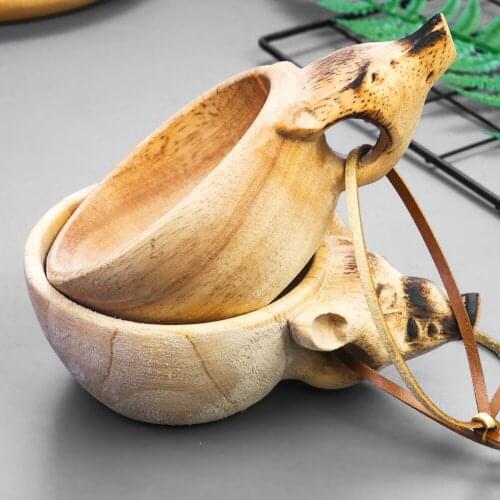 Hand Carved Kuksa Wooden Coffee Mug Animal Head Handle Camping Water Cup Scandinavian Mug Juice Milk Tea Drinking Cup Drinkware