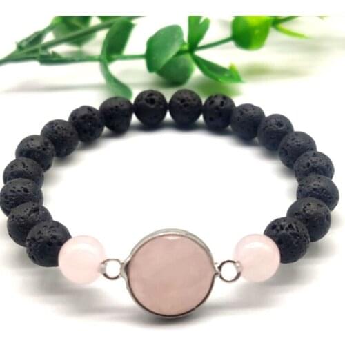 FYSL Silver Plated Round Rose Pink Quartz Connect Black Lava Stone Beads Stretchy Bracelet Trendy Jewelry